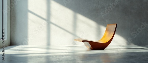 Wooden chaise lounge rests serenely in sunlight dappled minimalist room, creating sense quiet contemplation.