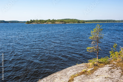 Rock shore of the Koyonsaari Island. Skerries of Ladoga Lake. Karelia landscape, Russia