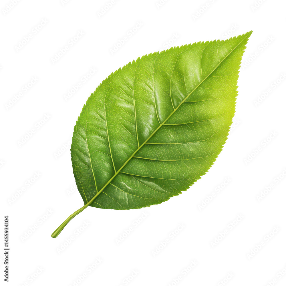 Obraz premium Bright green leaf showcasing intricate texture and vibrant color against a clean white background