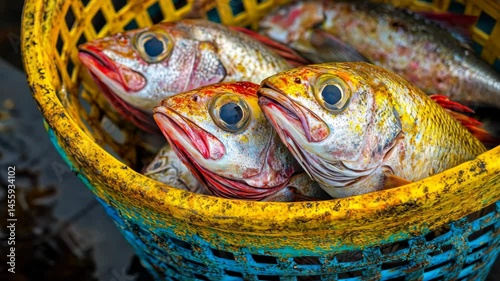 Freshly caught fish in yellow basket immersed in water, closeup vibrant seafood scene