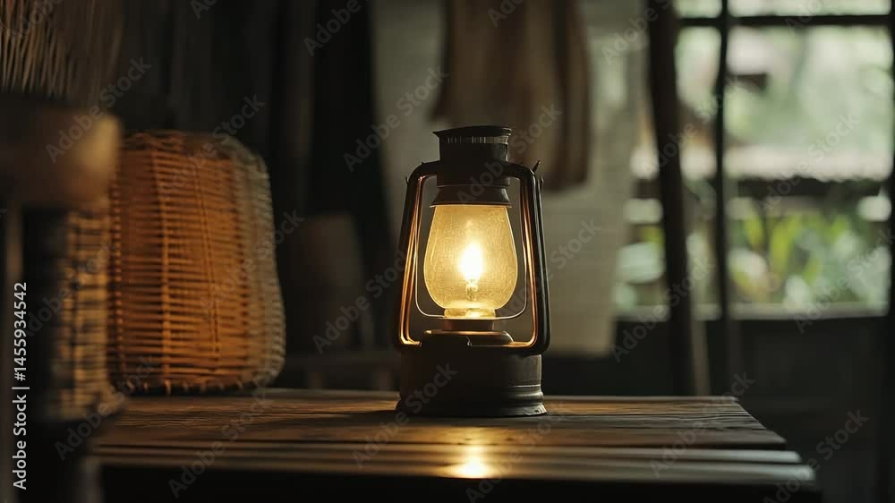 Vintage oil lamp glowing on a rustic wooden table inside a traditional rural house. Warm ambient lighting creates a nostalgic and cozy countryside atmosphere.