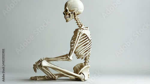 Human skeleton sitting in progressive movement sequence on light background