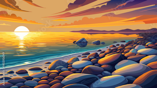 Smooth pebbles blanket the shoreline under golden sunset light