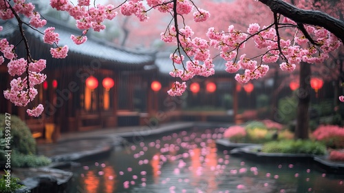 Pale pink cherry blossoms rain down upon a tranquil garden, creating a fleeting spectacle of spring.