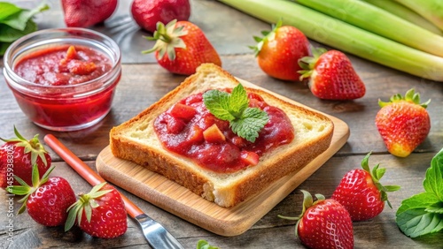 Toast slice with a pat of butter and a spoonful of strawberry rhubarb jam spread on top, surrounded by fresh strawberries and rhubarb stalks