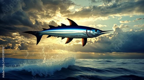 Majestic swordfish leaping above ocean waves at sunset