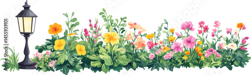 elongated decoration of rows of colorful flowers with garden lights
