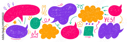 Set of text boxes, speech bubbles, arrow and crown with crayon or chalk texture. Retro illustration on the white background.
