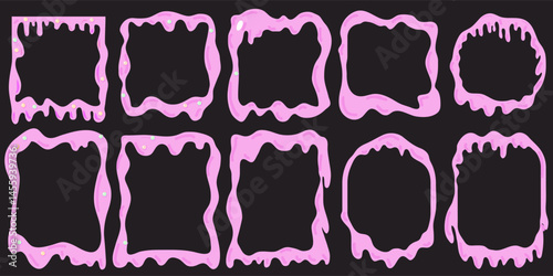 Pink candy drips with scattered pearls on the forms - flowing sweet streams, sugary glaze with glossy melted texture Confectionery design element.