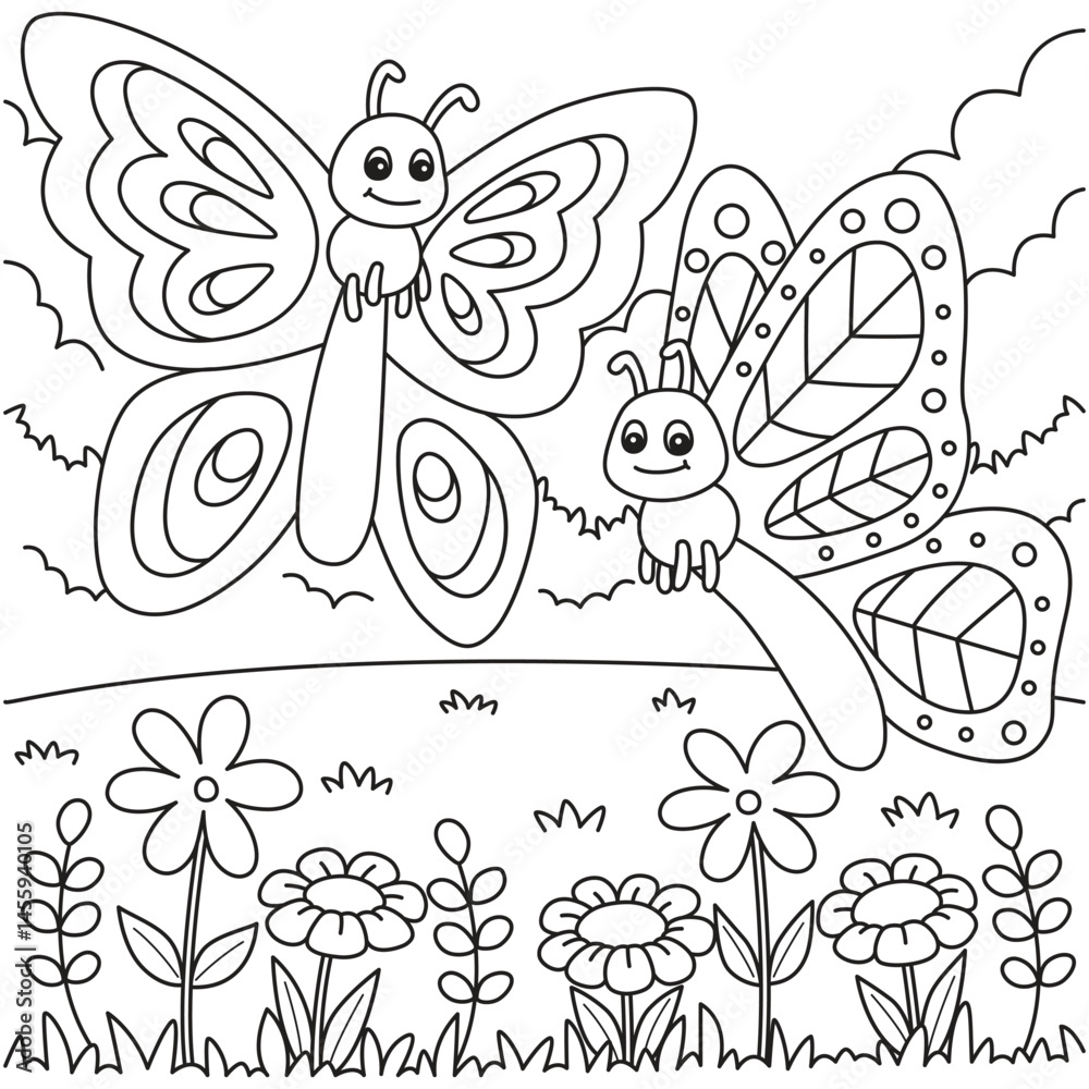 Fototapeta premium Playful Butterflies and Flowers Coloring Page for Kids