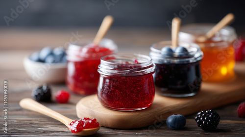 Assorted berry jam jars with spoonfuls of jam on wooden board and fresh berries