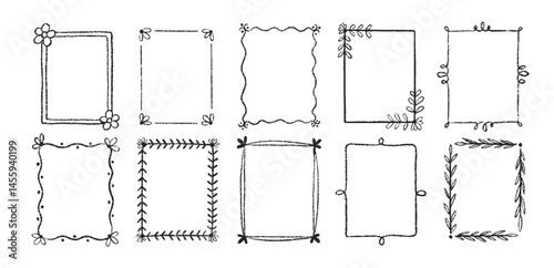 Set of outline squiggle frames with crayon, chalk or pastel texture. Design elements with floral elements for photo decoration. Black vector illustration on a white background.
