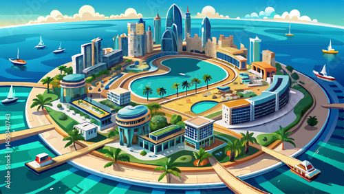 Aerial view on Palm Jumeira island in Dubai, UAE, on a summer day.