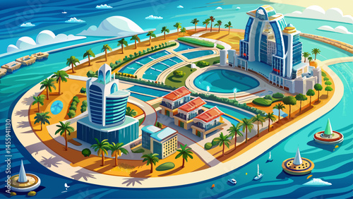 Aerial view on Palm Jumeira island in Dubai, UAE, on a summer day.