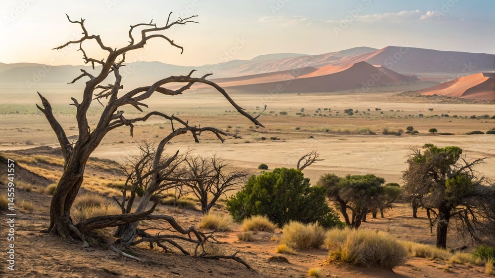 Fototapeta premium Arid Dry Desert Scene Featuring Withered Tree and Distant Mountain Range