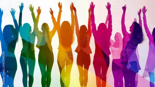 Vibrant silhouettes dancing in colorful harmony against a white background