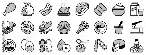 Icons in two tones  about proteins. Meat, fish, seafood, legumes, nuts, eggs and dairy products.