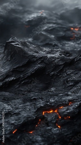 Dark, charcoal brown rock with lava flowing down its side, against a dark background, with surround lighting, cinematic effect.