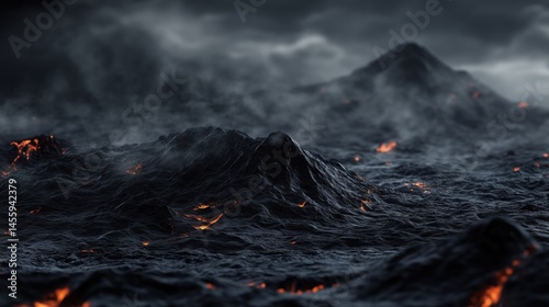 Dark, charcoal brown rock with lava flowing down its side, against a dark background, with surround lighting, cinematic effect.