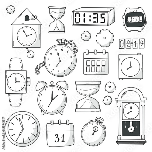 Clocks and watches doodles collection, black and white cartoon elements set, clipart for prints, cards, stickers, coloring pages, planners, icons, banners, etc. EPS 10
