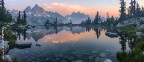 Fototapeta Naklejka Na Ścianę i Meble -  Still alpine lake reflects majestic mountain peaks during tranquil dawn, showcasing nature's serenity.
