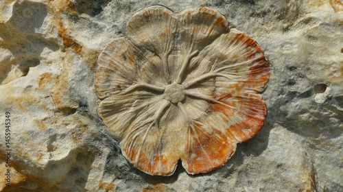 Fossil imprint of a prehistoric plant on a stone surface.