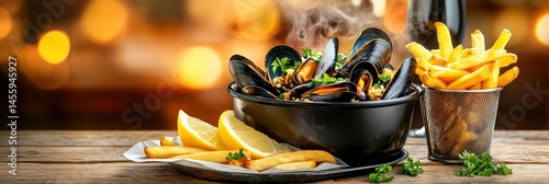 Delicious moules frites with french fries and white wine being served in a restaurant