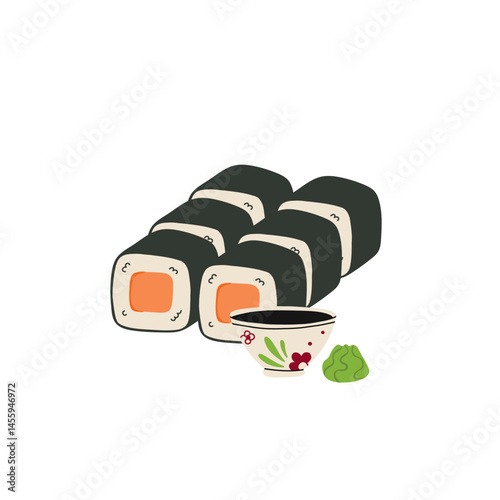 Sushi roll. Japanese seafood with salmon and cavier, traditional asian cuisine, wasabi and soy souse, delicious Japan dish. Vector cartoon flat style isolated illustration