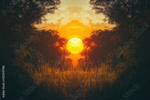 Nature symmetry: sun rising straight up in tropical African setting