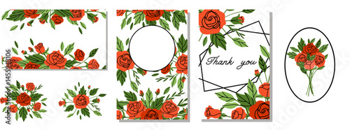 Rose background. Red flowers and green leaves. Decorative banner, spring summer elegant vertical poster. Bouquet with blossoms. Botanical decoration flyer. Vector cartoon flat isolated illustration