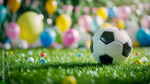 A soccer-themed birthday with a soccer ball on green grass.
