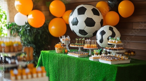 A soccer-themed birthday with a soccer ball on green grass.
