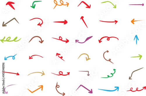 Hand drawn doodle wavy and curve and turn Arrows  isolated on white background. Scribble design element Arrows, perfect for creative and playful design projects. Fabric design.