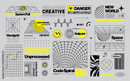 Brutalist graphic assets set in acid style, retro futuristic background with wireframe elements of different forms, bold modern shapes for design template, poster, stickers, banner in Y2k style