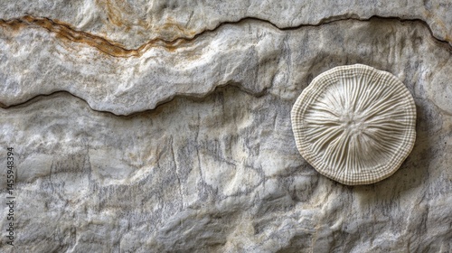 Intricate fossil imprint on textured stone surface.