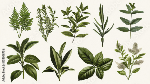 Vintage botanical illustration featuring various green herbs and leaves, showcasing their intricate details and textures