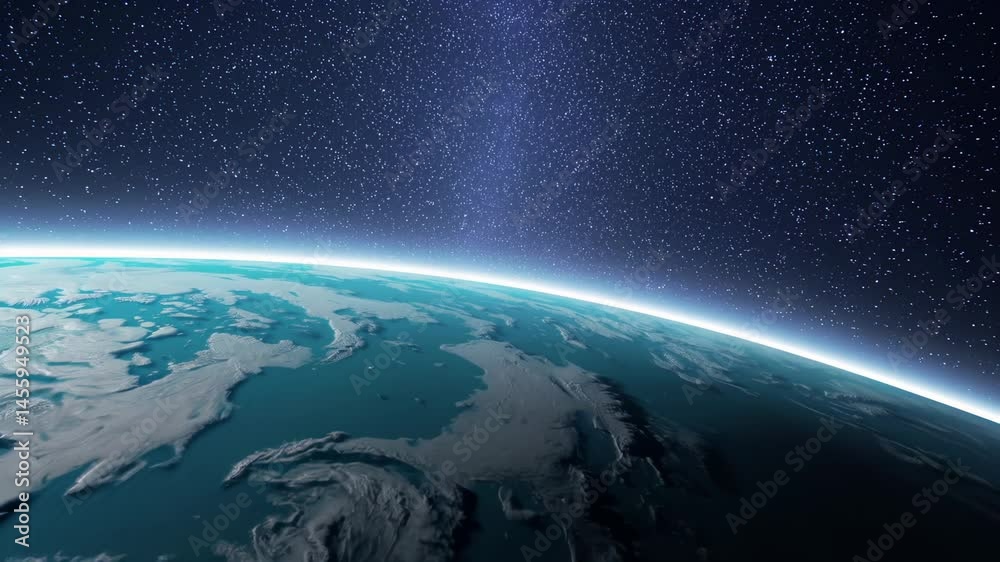 Earth-like planet viewed from space with glowing atmosphere and star-filled galaxy above
Earth-like planet viewed from space with glowing atmosphere and star-filled galaxy above