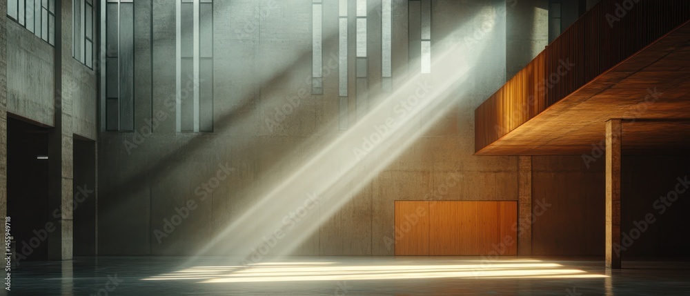 Obraz premium Sunlight beams through windows, illuminating concrete walls and wooden structure in modern interior.