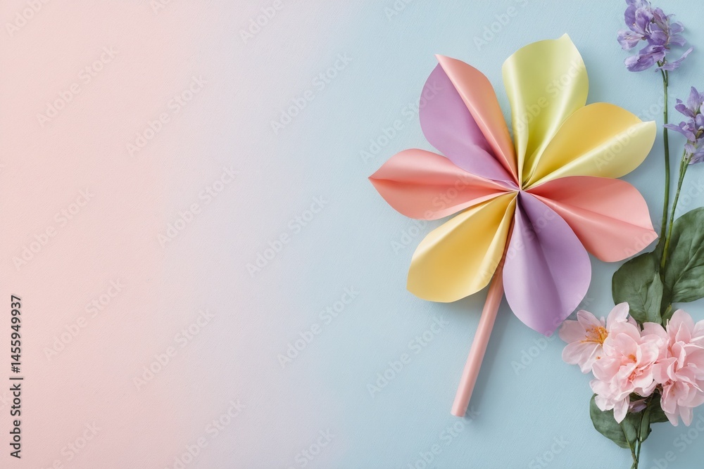 Fototapeta premium Paper pinwheel on pastel background - colorful spring flower toy for kids
