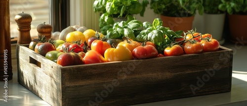 Tomatoes and basil plants fill wooden crate, bathed in warm sunlight near kitchen window, offering vibrant, fresh ingredients.