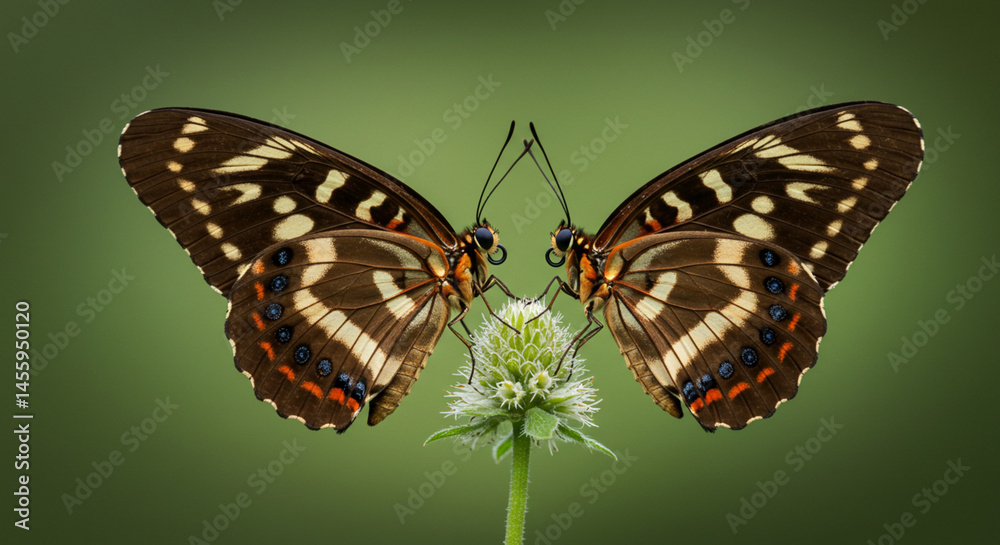 Fototapeta premium Two Butterflies Resting on a Flower with Green Background in Nature