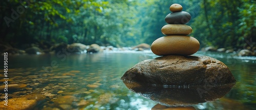 Stacked stones carefully balance atop large rock in river, embodying zen and tranquility.