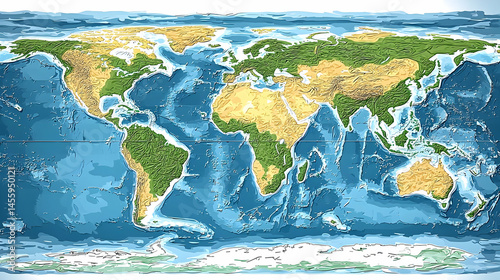 Detailed world map, showing landmasses, oceans, and terrain variations.  Land is shaded by elevation, and water by depth