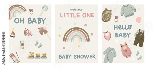 Baby shower invitation. Card design. Pastel newborn party with clothes and toys. Cute poster or print. Decorative banners. Happy birthday. Vector cartoon flat isolated illustration set