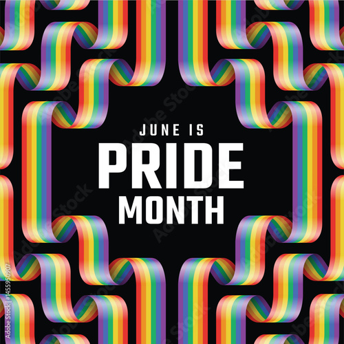 June is pride month Text in long line rainbow ribbon roll waving around on black background vector design