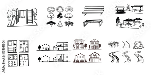 Architectural drawings featuring a set of vector-style people in a park setting, outdoors.