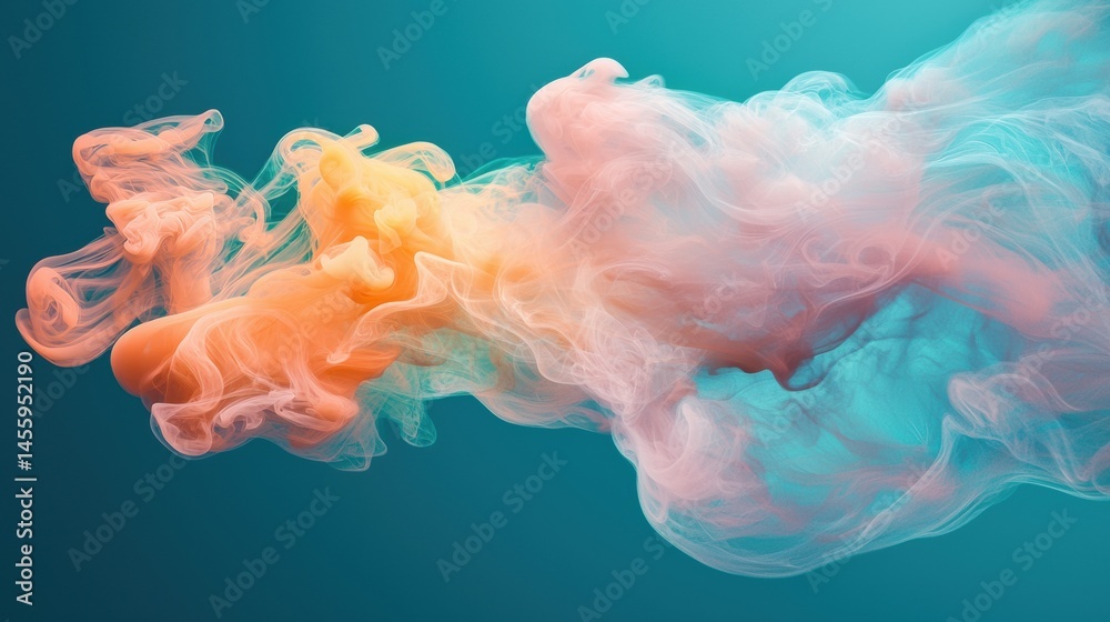 Fototapeta premium Ethereal smoke swirls across dark teal background in warm peach and cool blue
