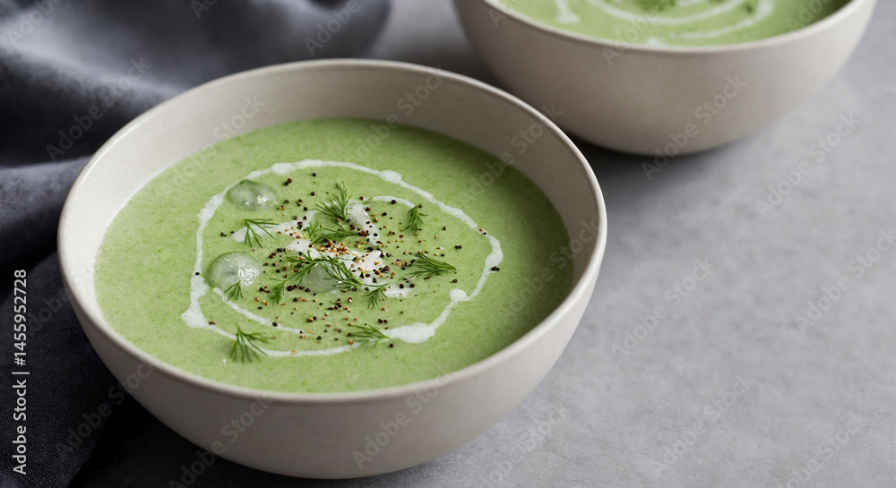 Cold cucumber soup with dill and pepper garnish Cold cucumber soup with dill and pepper garnish