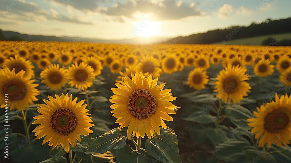Fototapeta premium Sunflower fields stretch towards the sun, their bright yellow faces tracking its movement across the sky.