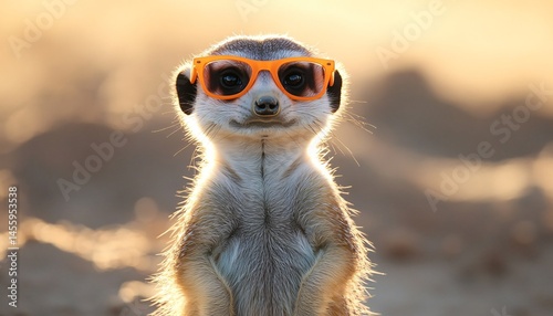 Playful meerkat in bright orange sunglasses enjoying a sunny day outdoors